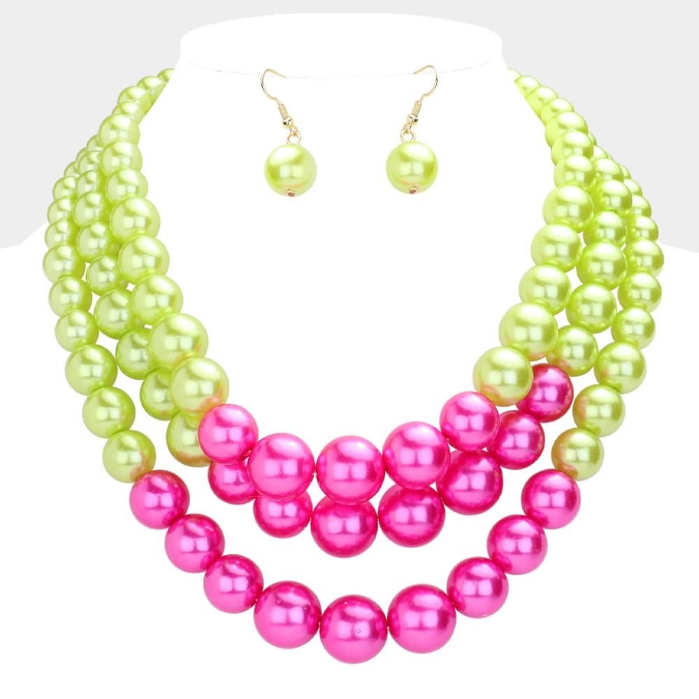 Pink & Green Pearls MultiStrand Layered Bib Necklace Set Triple Chunky Design
